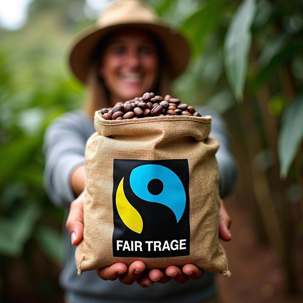 Fair trade coffee beans label ensures fair wages, safe conditions for farmers, promoting ethical sourcing.