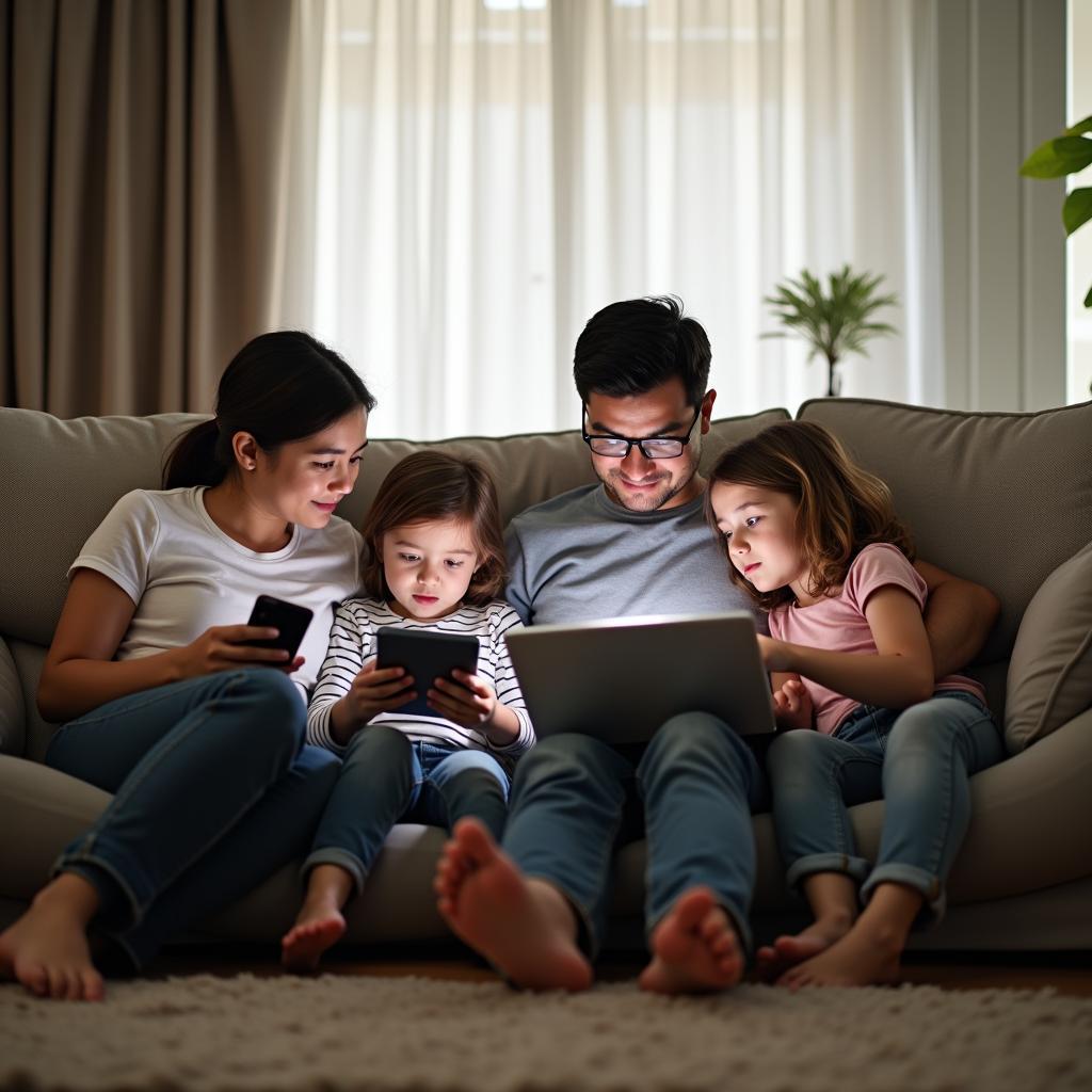Modern family members using digital devices while sitting together