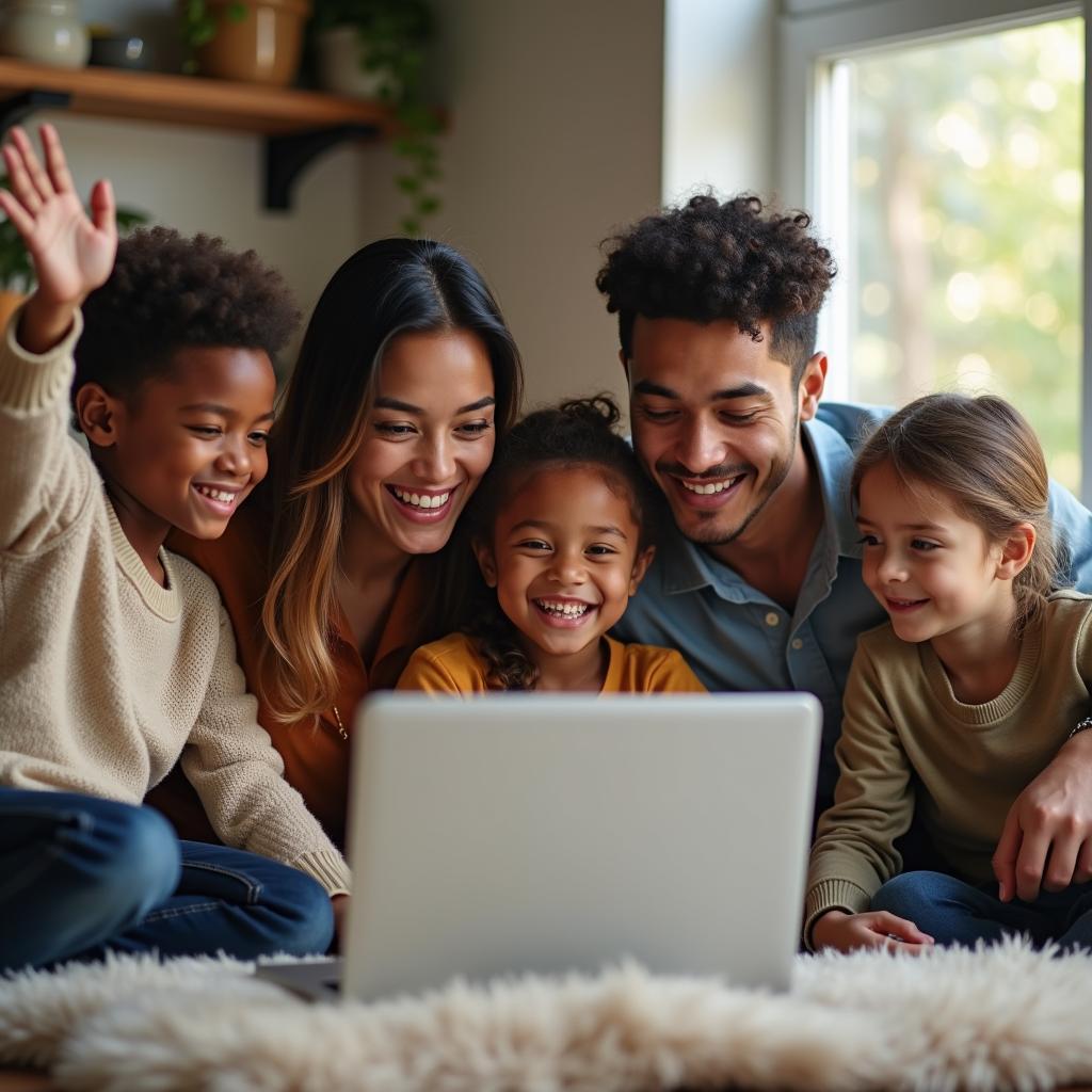 Family making video call to relatives showing positive use of technology