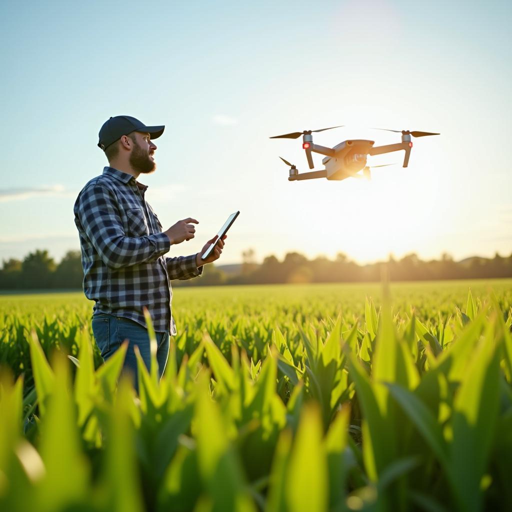 Farmer using tablet for drone precision agriculture, traditional farming adapts to modern technology integration.
