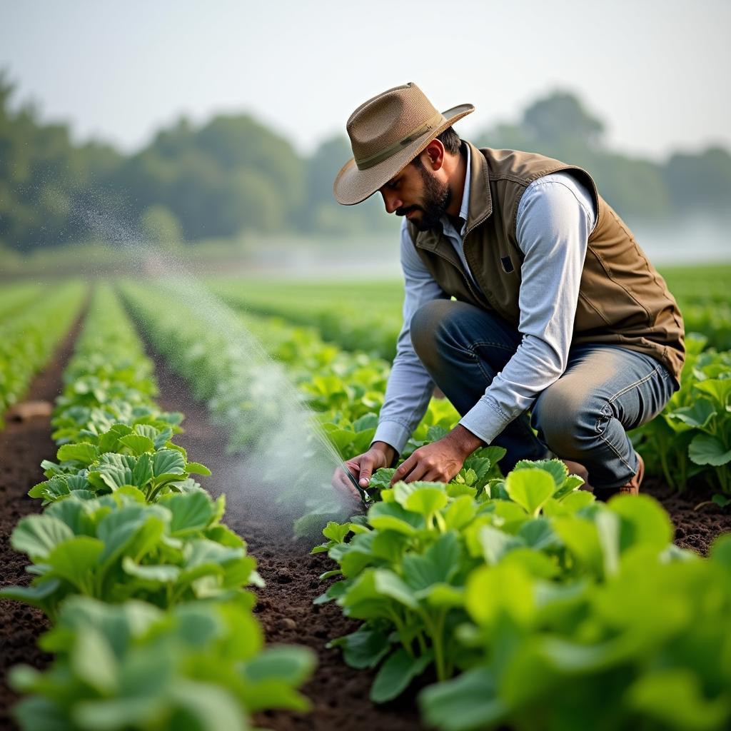 Farmer using modern drip irrigation in field, conserving water, adapting agriculture to climate change impacts
