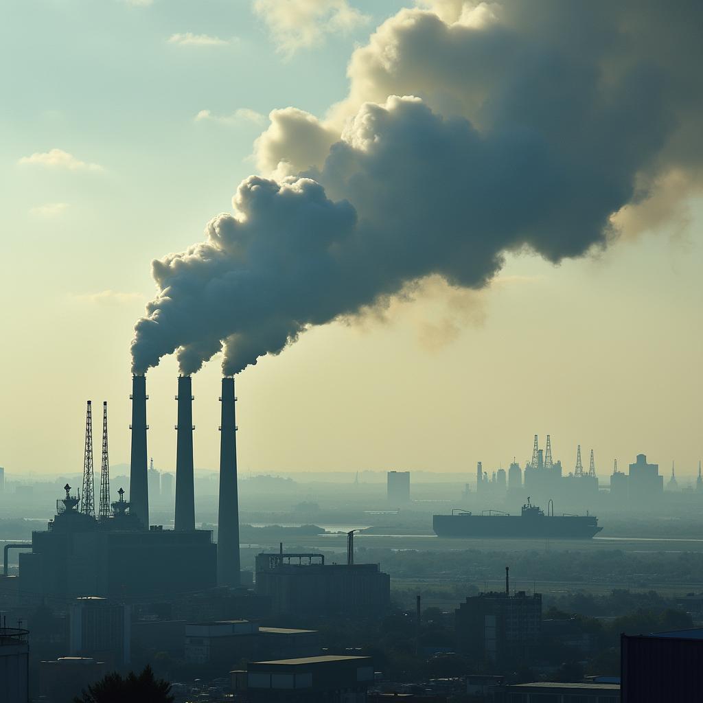 Factory smokestacks emitting smoke, symbolizing the fashion industry's carbon footprint from textile manufacturing and energy consumption.