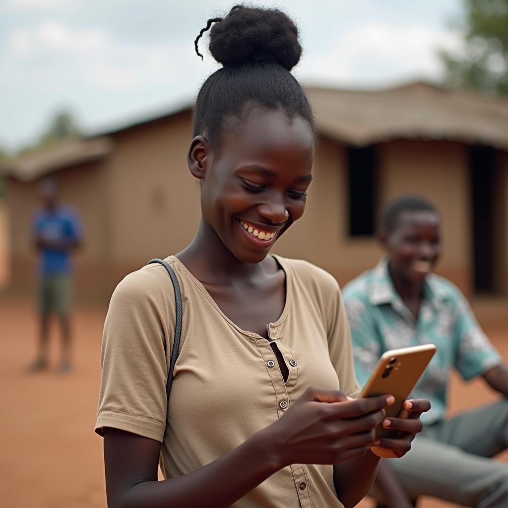 Person in a remote rural setting using a mobile device for banking, illustrating financial inclusion through digital currency technology