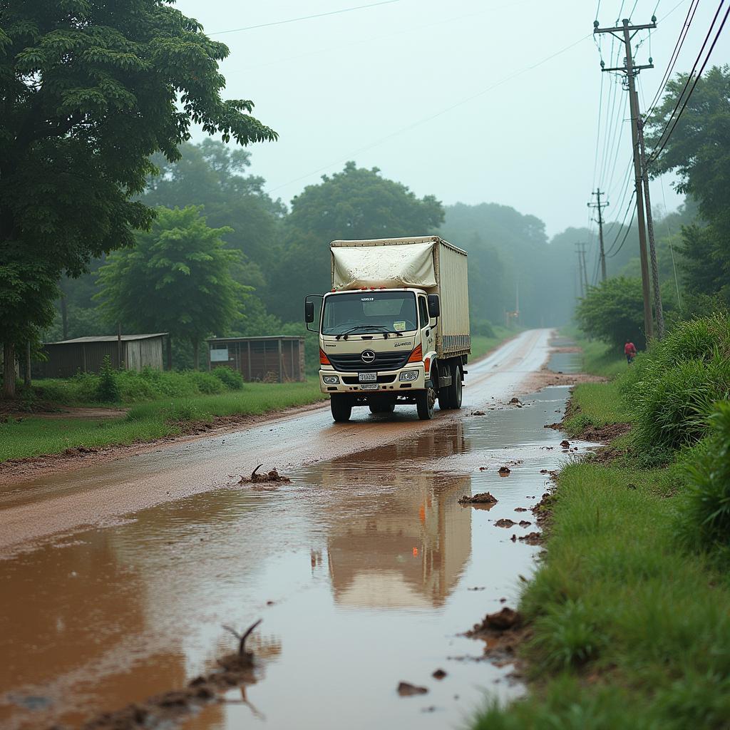 Delivery truck struggles on damaged, flooded road, showing climate change impact on food supply chain.