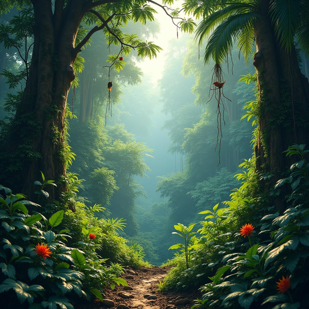 Vibrant rainforest scene showcasing rich biodiversity, diverse plant and animal species threatened by deforestation.