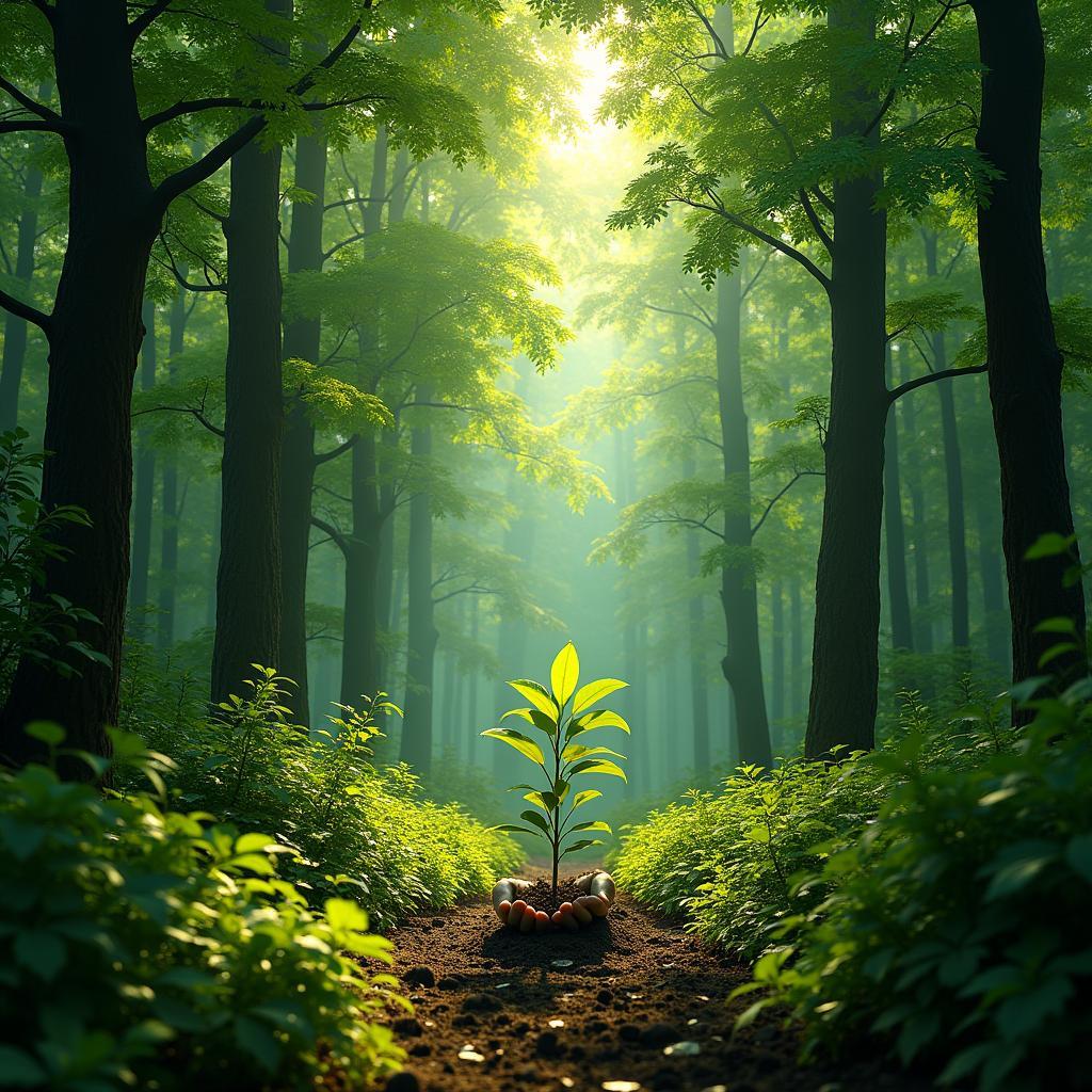 Lush forests act as vital carbon sinks, absorbing CO2; reforestation enhances this climate protection benefit.