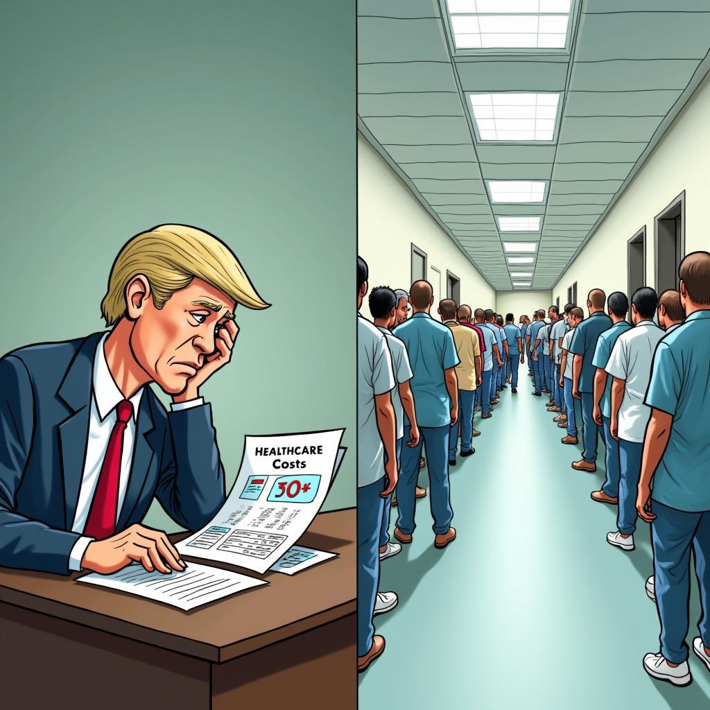 Free healthcare challenges: government financial strain and overcrowded clinics visual.
