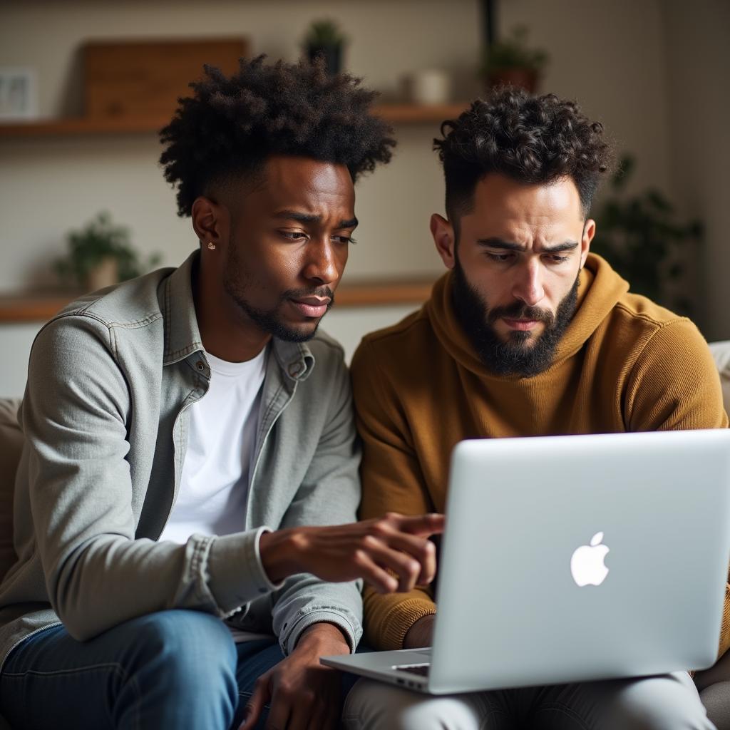 Supportive friend helps another with CV updates and job searching on a laptop.