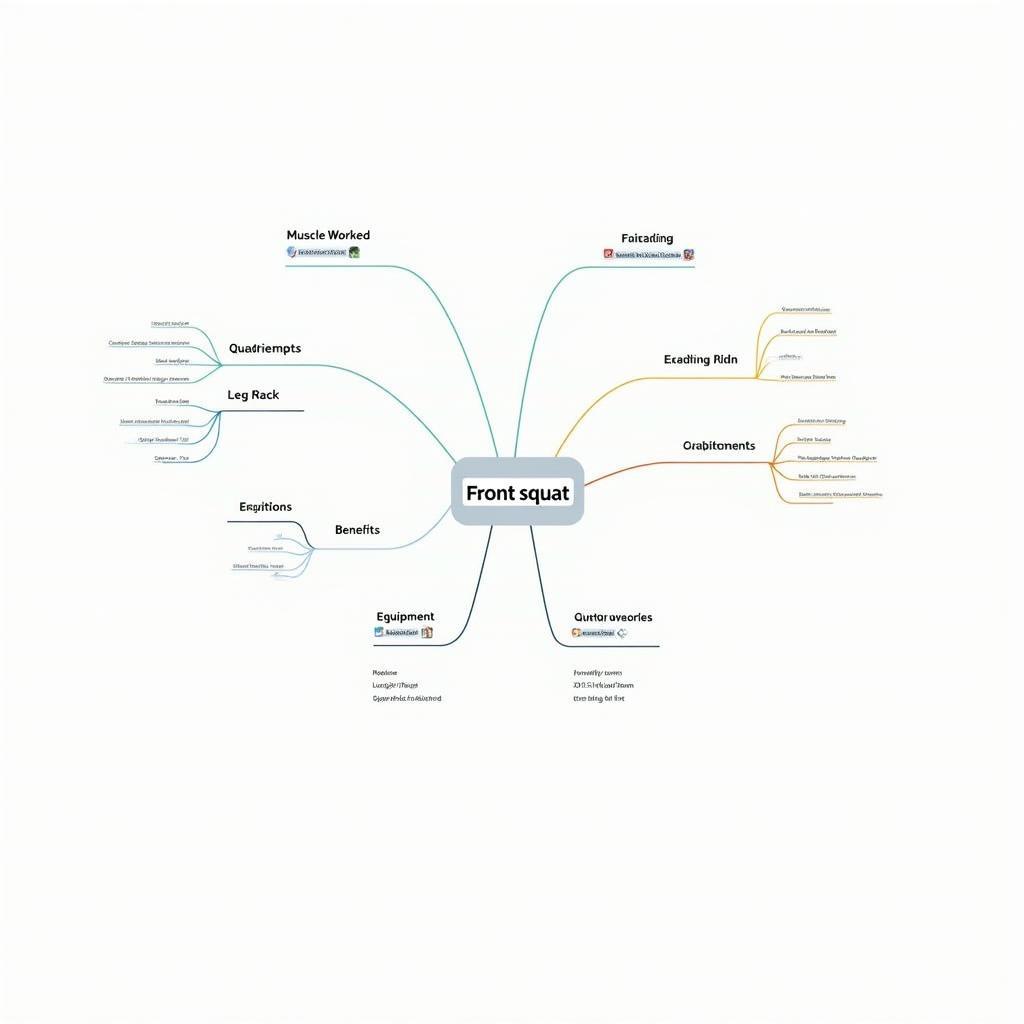Front squat mind map for IELTS vocabulary learning, detailing muscles, equipment, benefits, and exercise variations.