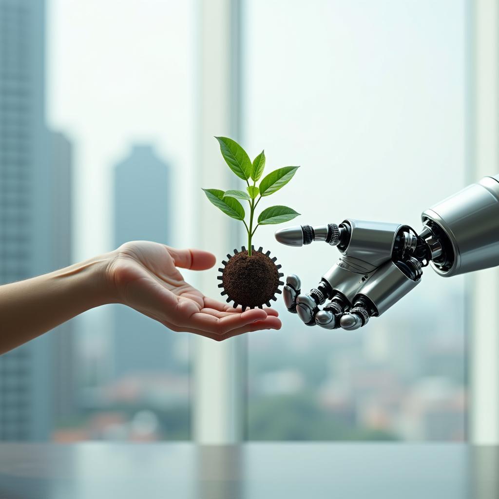 Symbolic human hand and robotic hand collaborating, representing the future of work with automation integration.