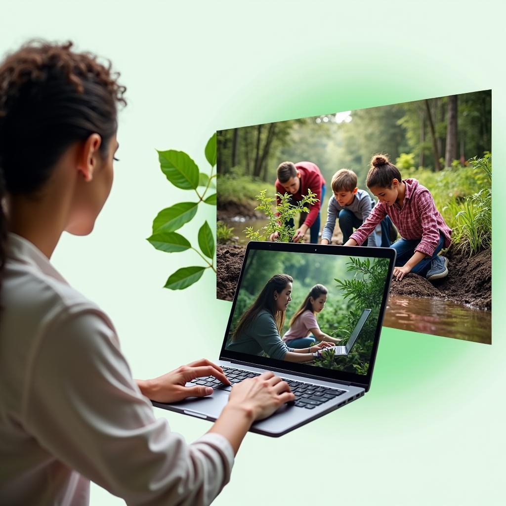 A composite image symbolizing future volunteering trends: one part showing virtual volunteering on a laptop, another showing volunteers tackling environmental challenges.
