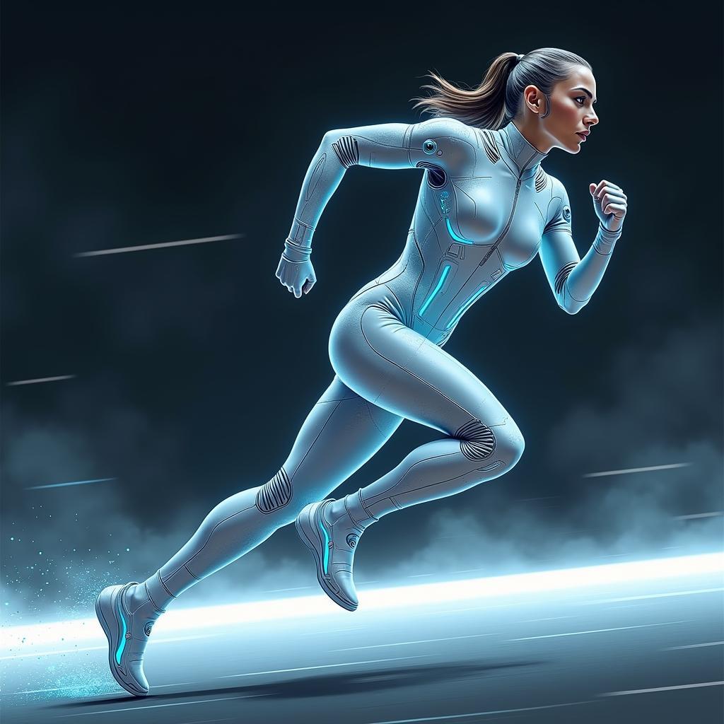 Dynamic illustration of futuristic athlete in sleek, advanced high-performance suit with tech enhancements