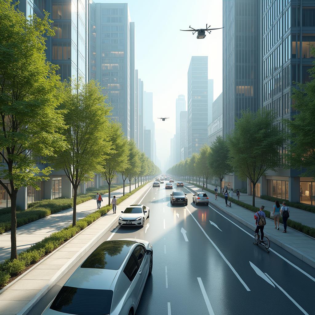 Futuristic cityscape with integrated autonomous cars, flying vehicles, and micro-mobility shaping future urban transportation.