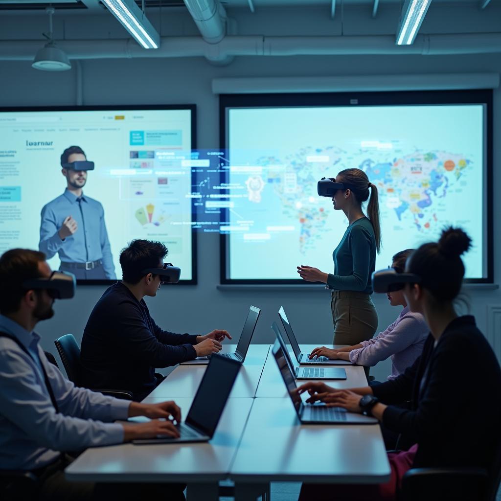 Futuristic classroom with students using VR headsets and interactive holographic displays for personalized learning experiences.