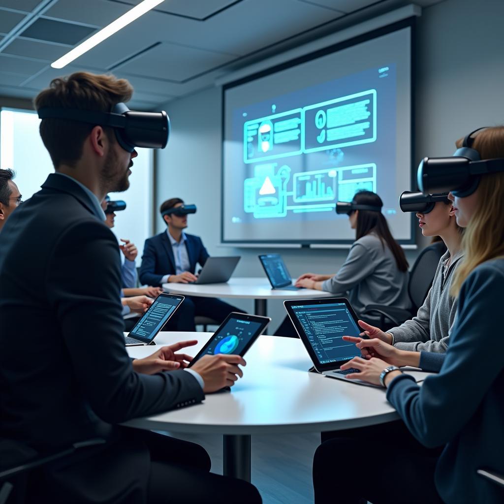 Participants using VR headsets and interacting with AI-driven interfaces in a futuristic educational seminar.