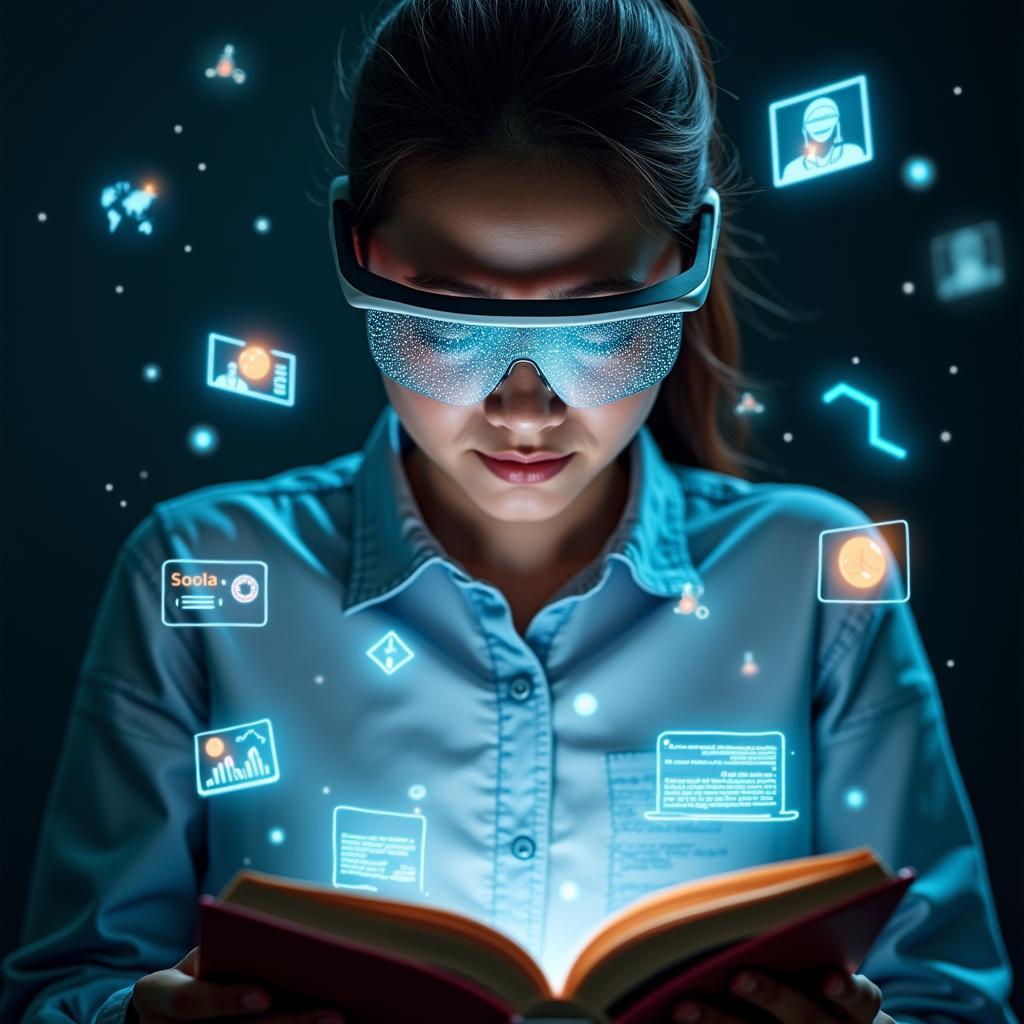 Futuristic reading experience with augmented reality glasses overlaying interactive 3D elements on an open book or digital tablet.