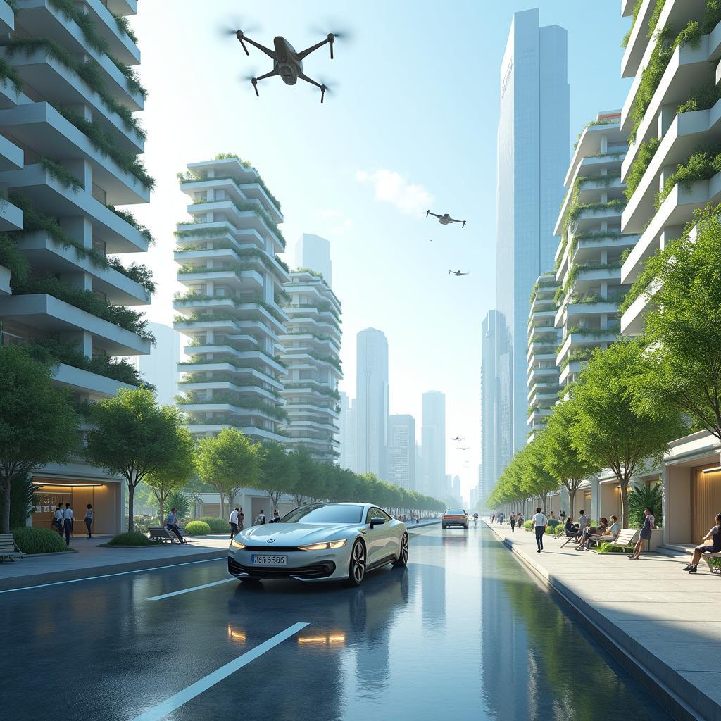 Vision of a futuristic city with smart technology, green architecture, and sustainable living