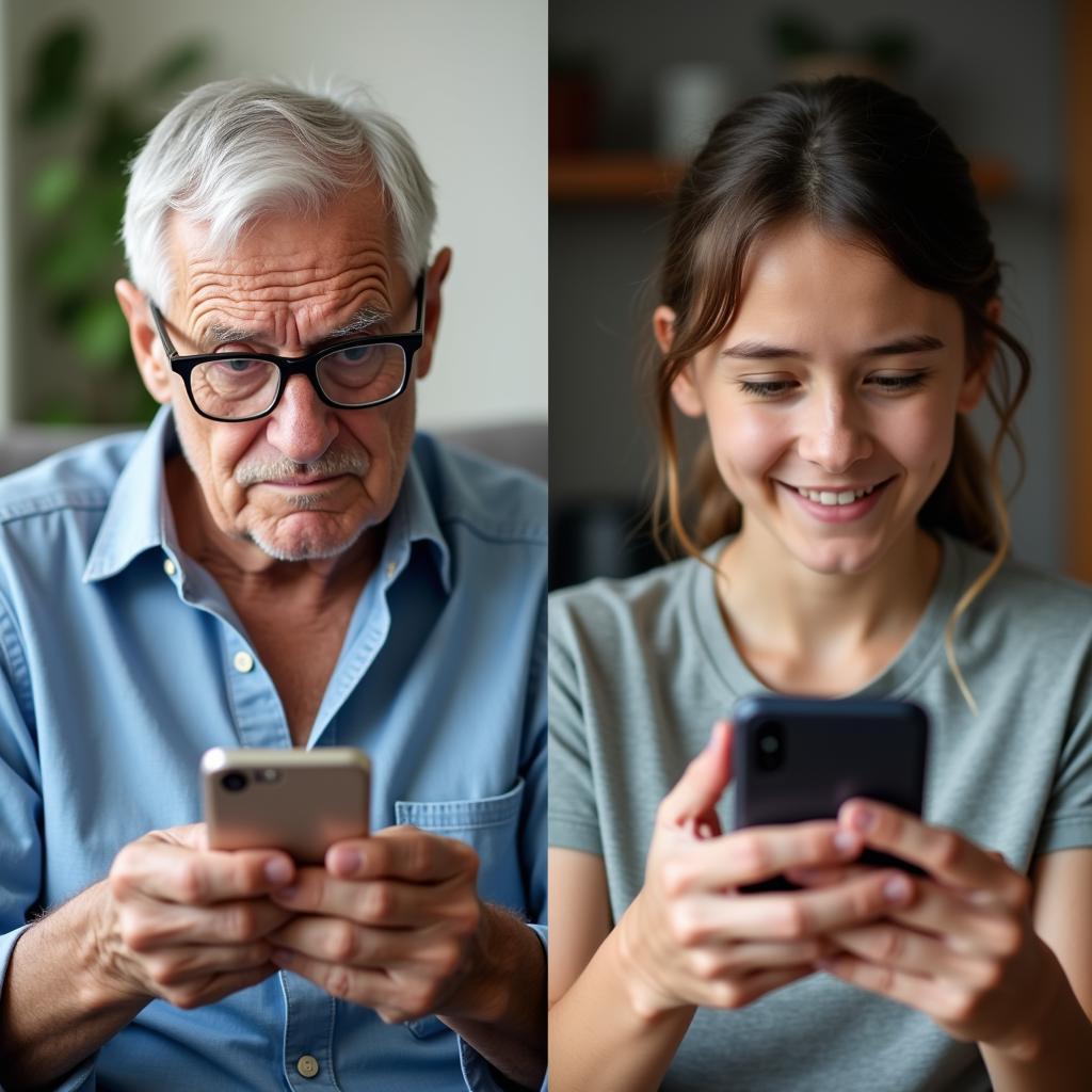 Generational digital divide: older person confused by social media, youth adept with tech.