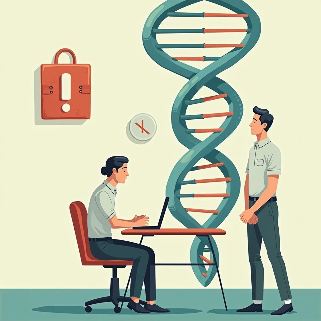 Illustration of genetic discrimination showing job denial due to genetic predisposition, highlighting social and economic consequences.