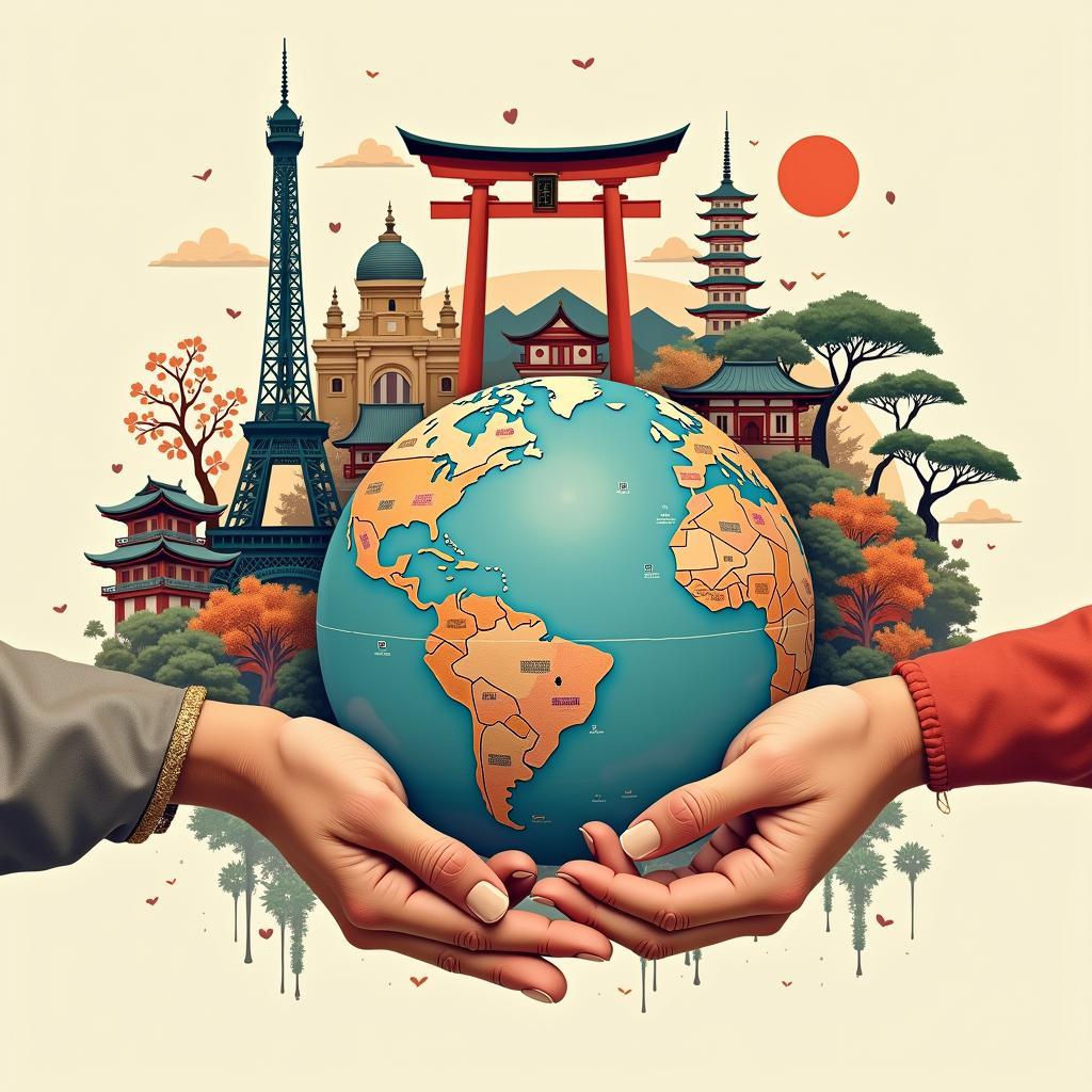 Conceptual art showing globalization's impact on cultural traditions through interconnected symbols and exchange.