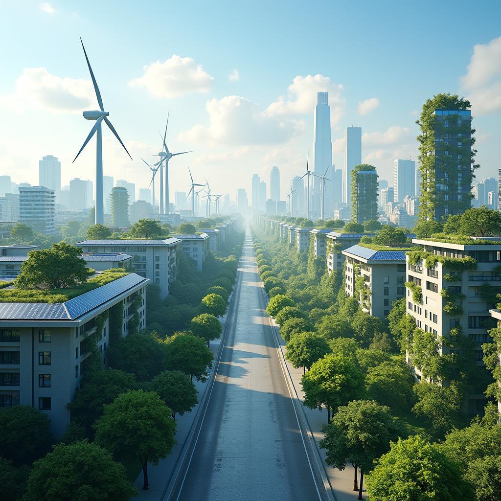 Urban landscape with renewable energy like solar panels and wind turbines, plus green spaces, showcasing government climate solutions.
