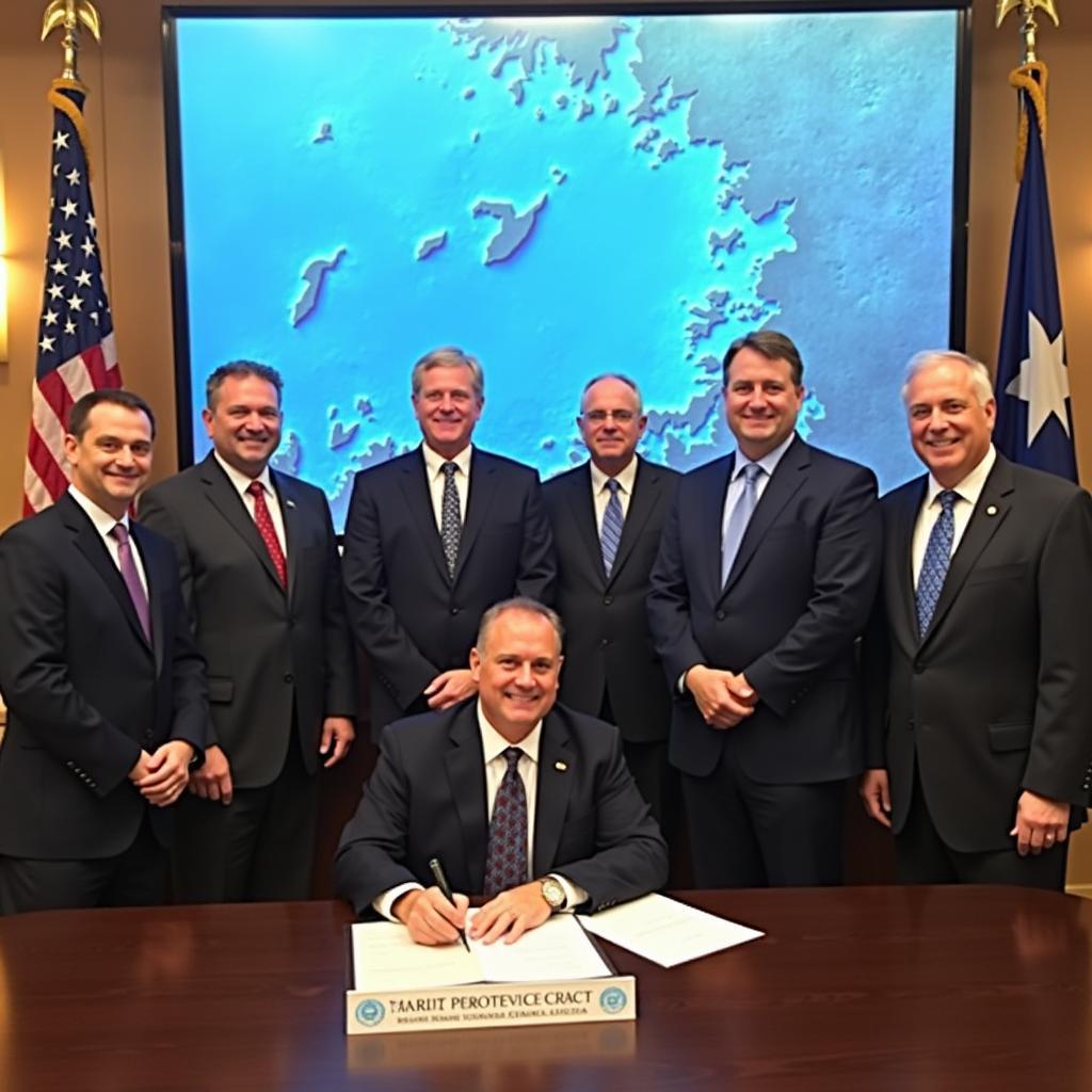 Government officials enacting marine conservation policies, possibly showing a map of Marine Protected Areas.