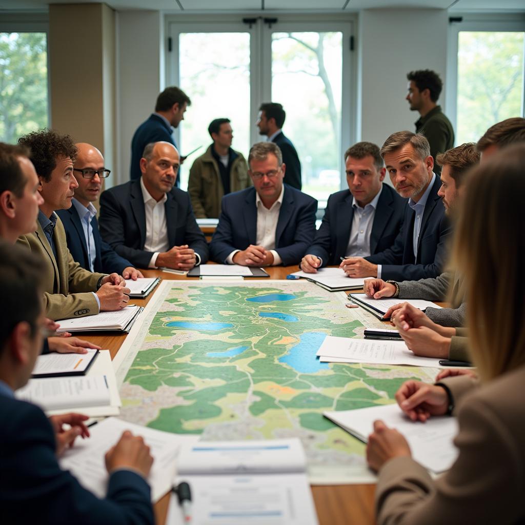 Diverse group including government officials, scientists, and community leaders discussing environmental policy around a table with maps and charts.