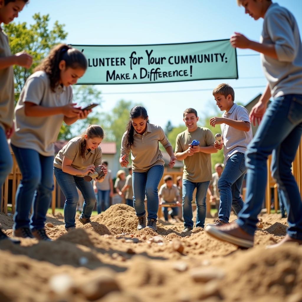 A diverse group of citizens, including students and professionals, engaged in a vibrant community volunteering project, possibly with a public awareness campaign banner promoting service.