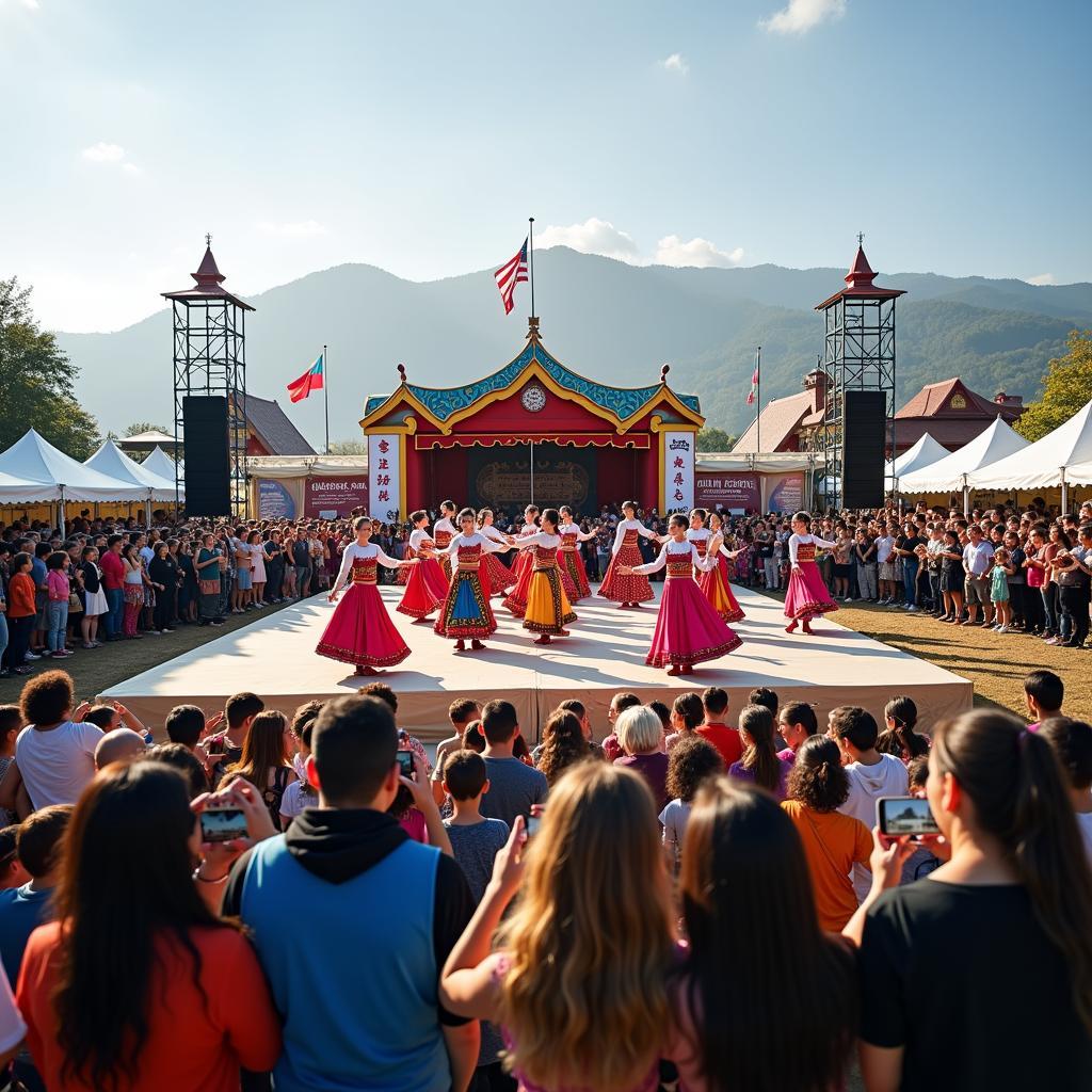Large outdoor stage with traditional dancers performing at a government-sponsored cultural festival aimed at arts preservation and community engagement.