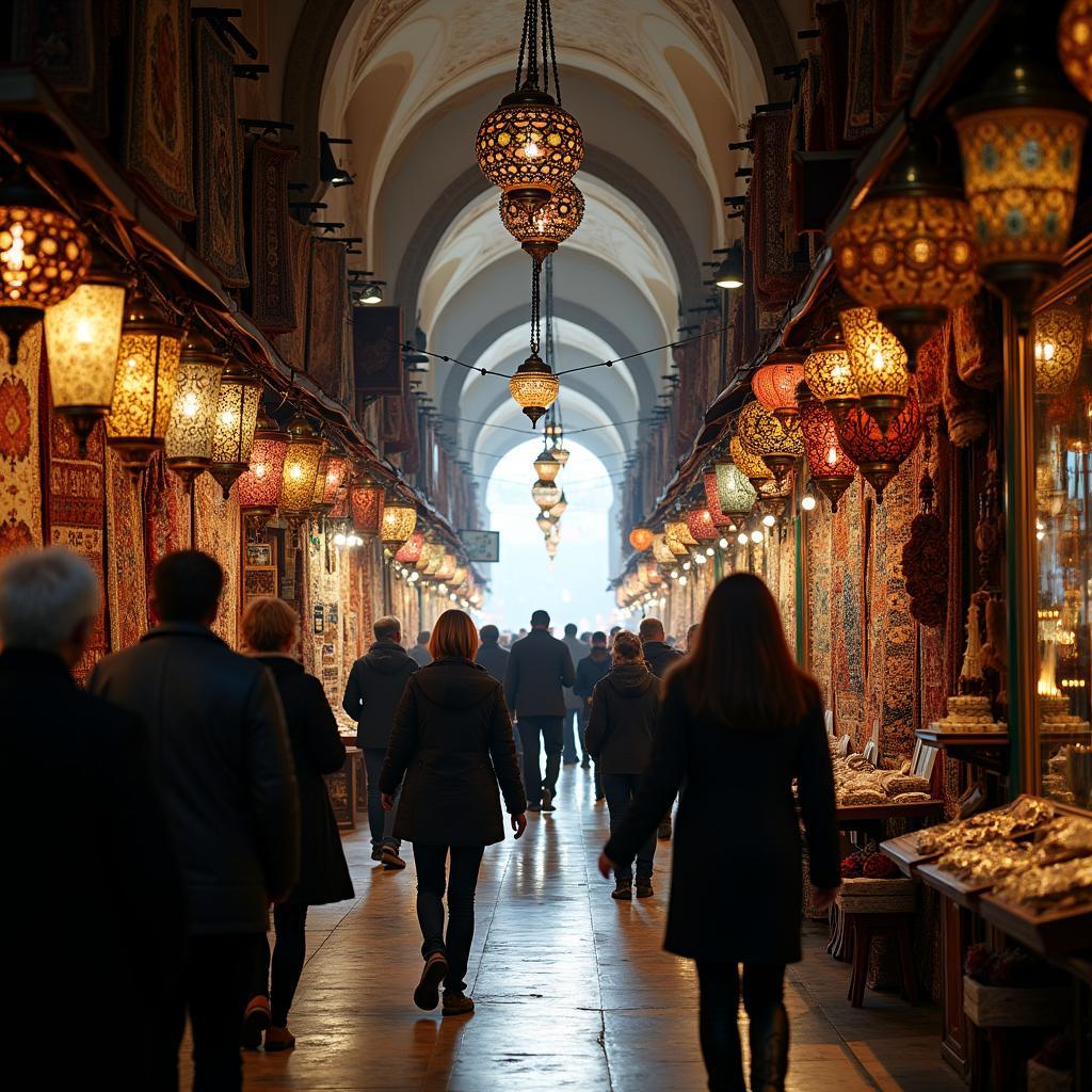 Interior view of the Grand Bazaar in Istanbul, showcasing its crowded alleys and vibrant atmosphere for IELTS description.