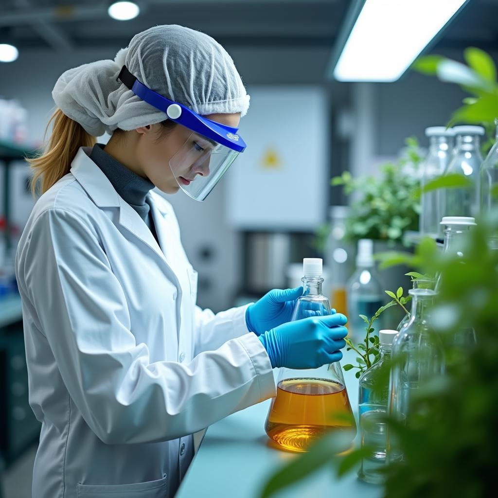 Scientist in green chemistry lab developing innovative bio-based materials and safer, sustainable chemical solvents.