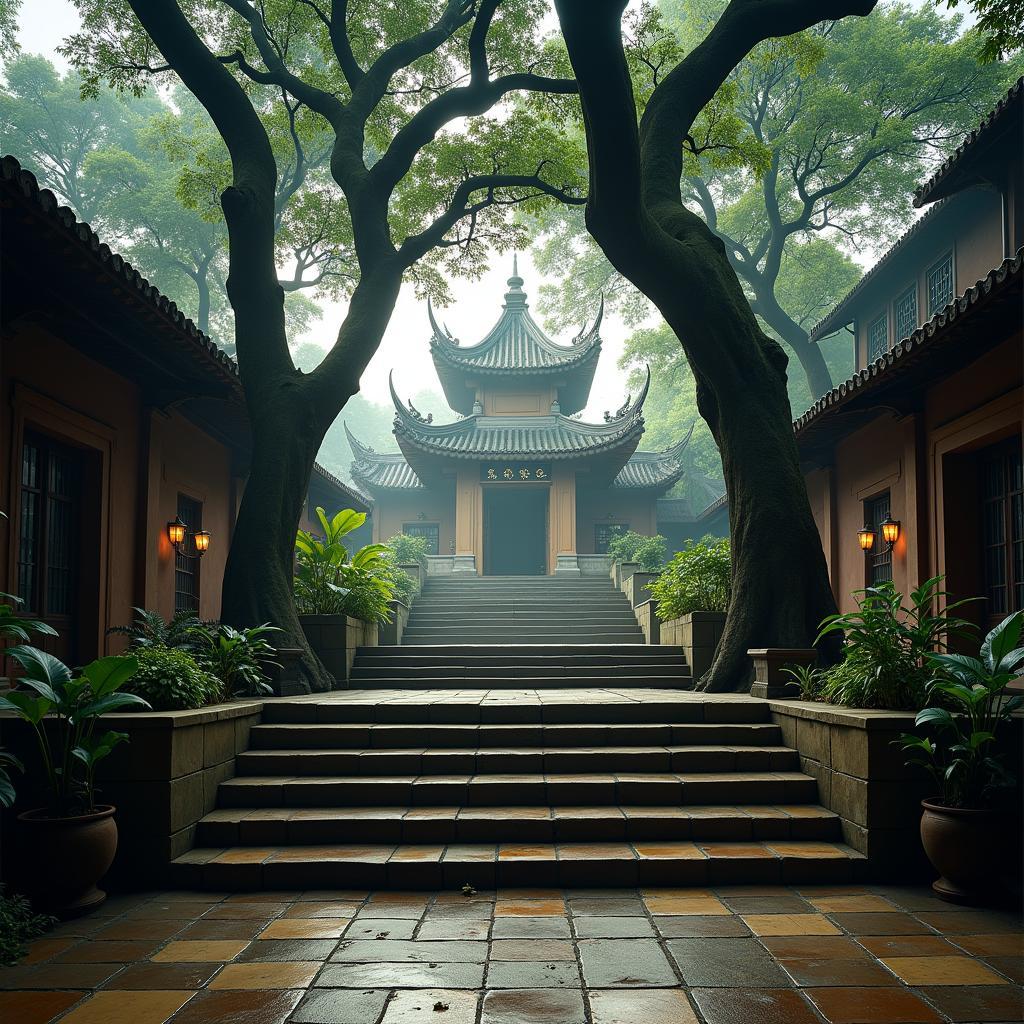 Hanoi Old Quarter temple courtyard with ancient banyan tree, pagoda steps, evoking history and tradition.