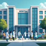 Modern healthcare system showing hospitals doctors and patients