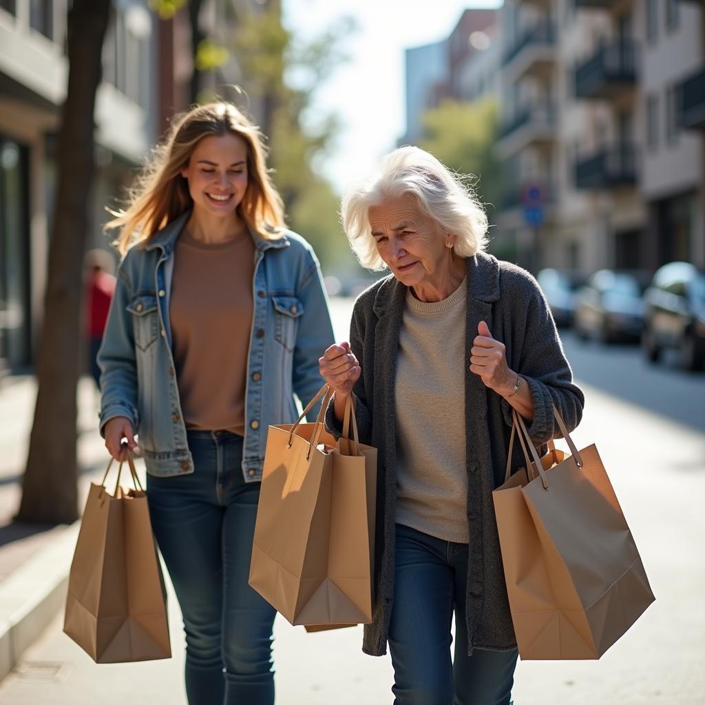 Young person assisting elderly woman carry heavy grocery bags on street, showing kindness and community support.