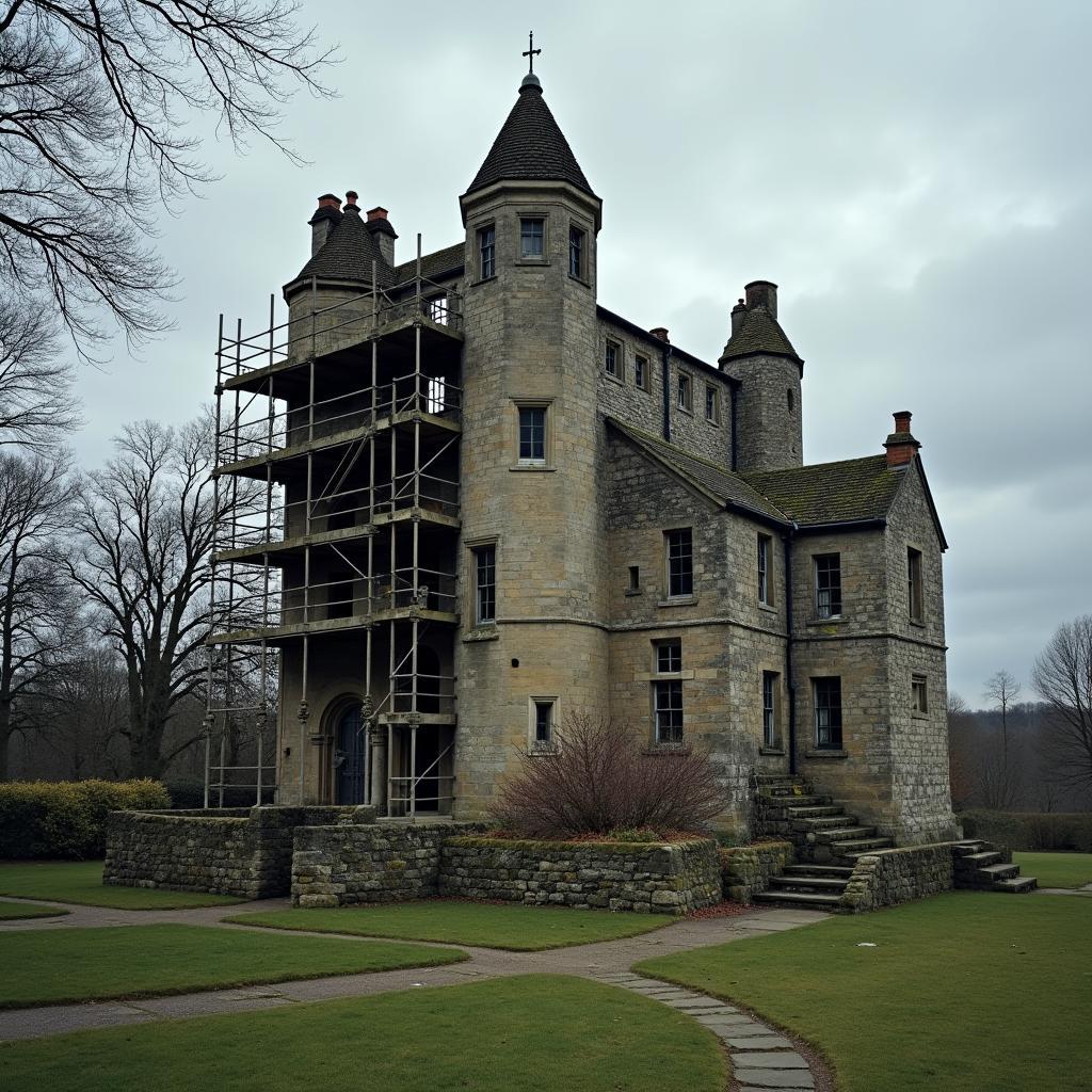 Crumbling historic building under restoration, highlighting funding challenges for cultural heritage site preservation and maintenance.
