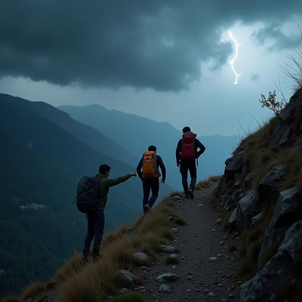 Group of hikers on a mountain trail looking at approaching dark storm clouds, symbolizing a quick decision for safety.