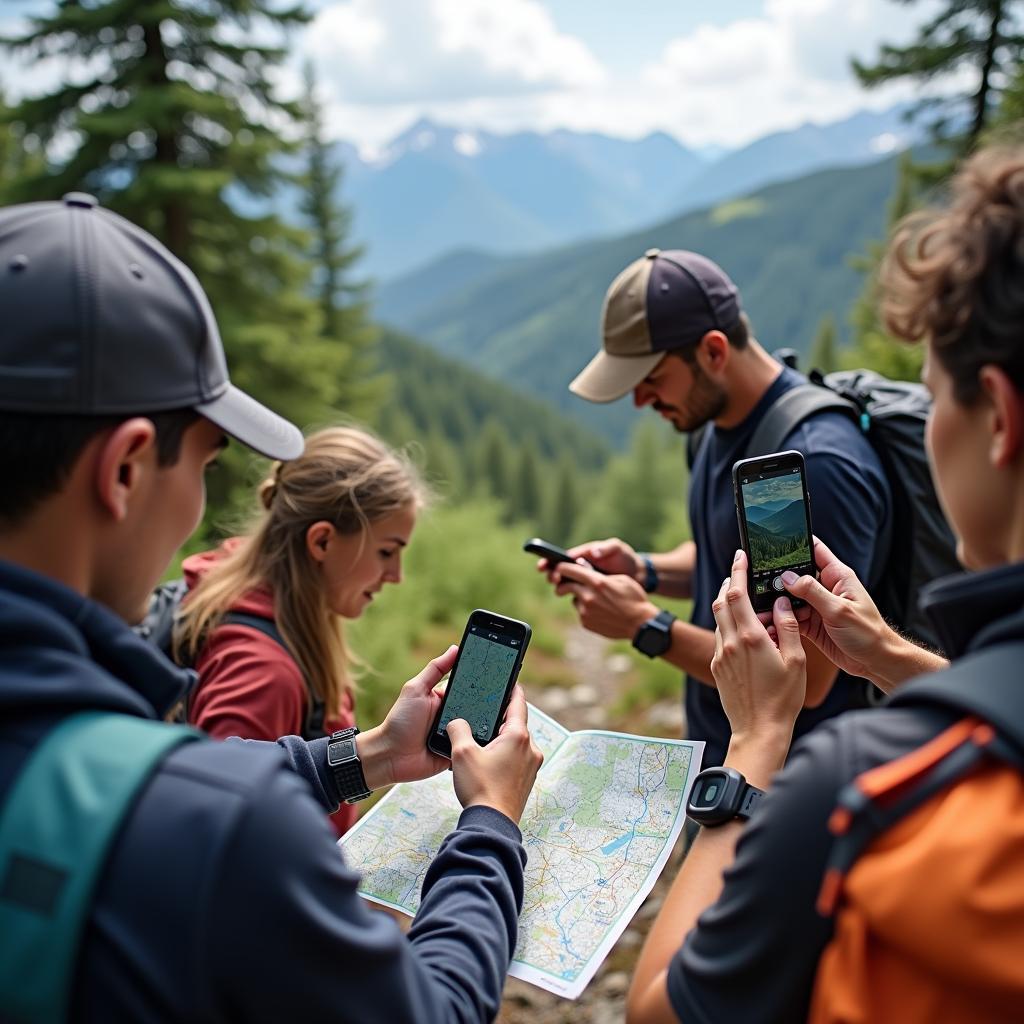 Hikers utilizing smartphones and GPS technology for navigation during an outdoor mountain trail adventure.