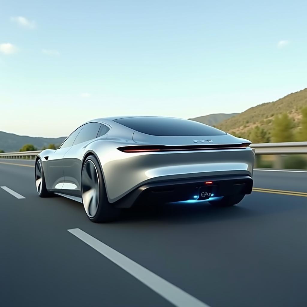 Futuristic hydrogen fuel cell car driving on a modern highway symbolizing clean energy transportation future