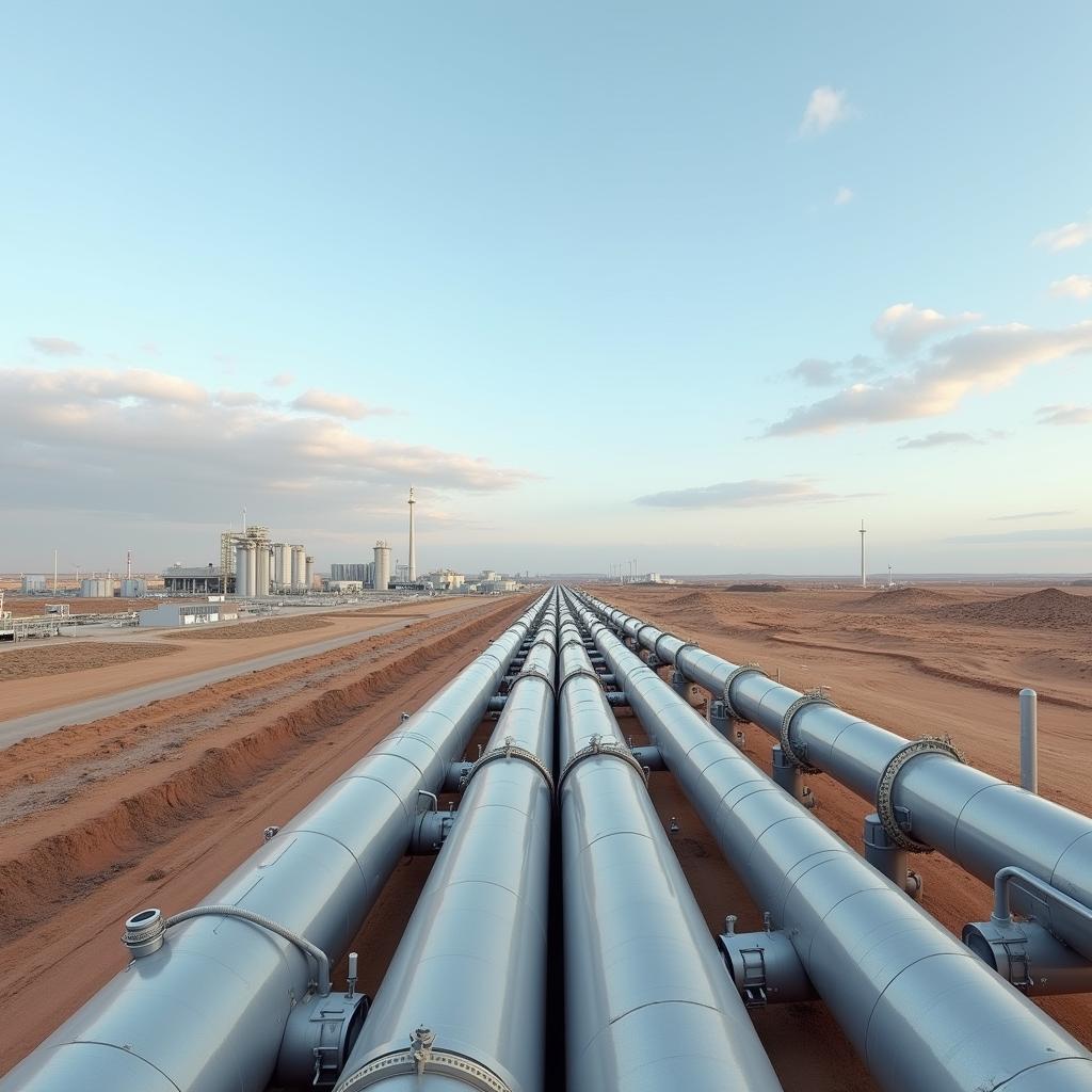Vast hydrogen pipeline infrastructure in industrial landscape for future clean energy distribution network