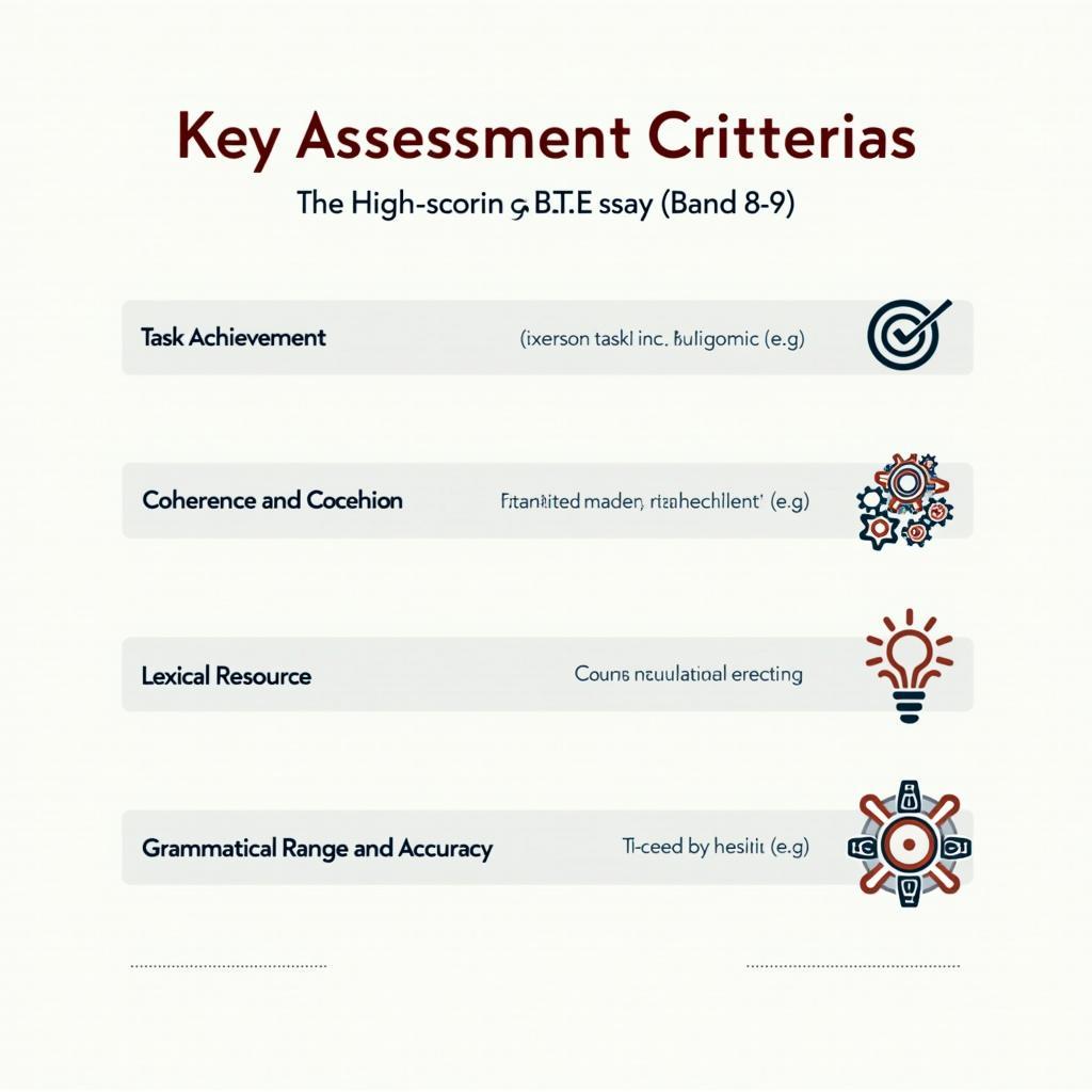 Infographic of IELTS Band 8-9 essay criteria: task achievement, coherence, vocabulary, and grammar visualized.