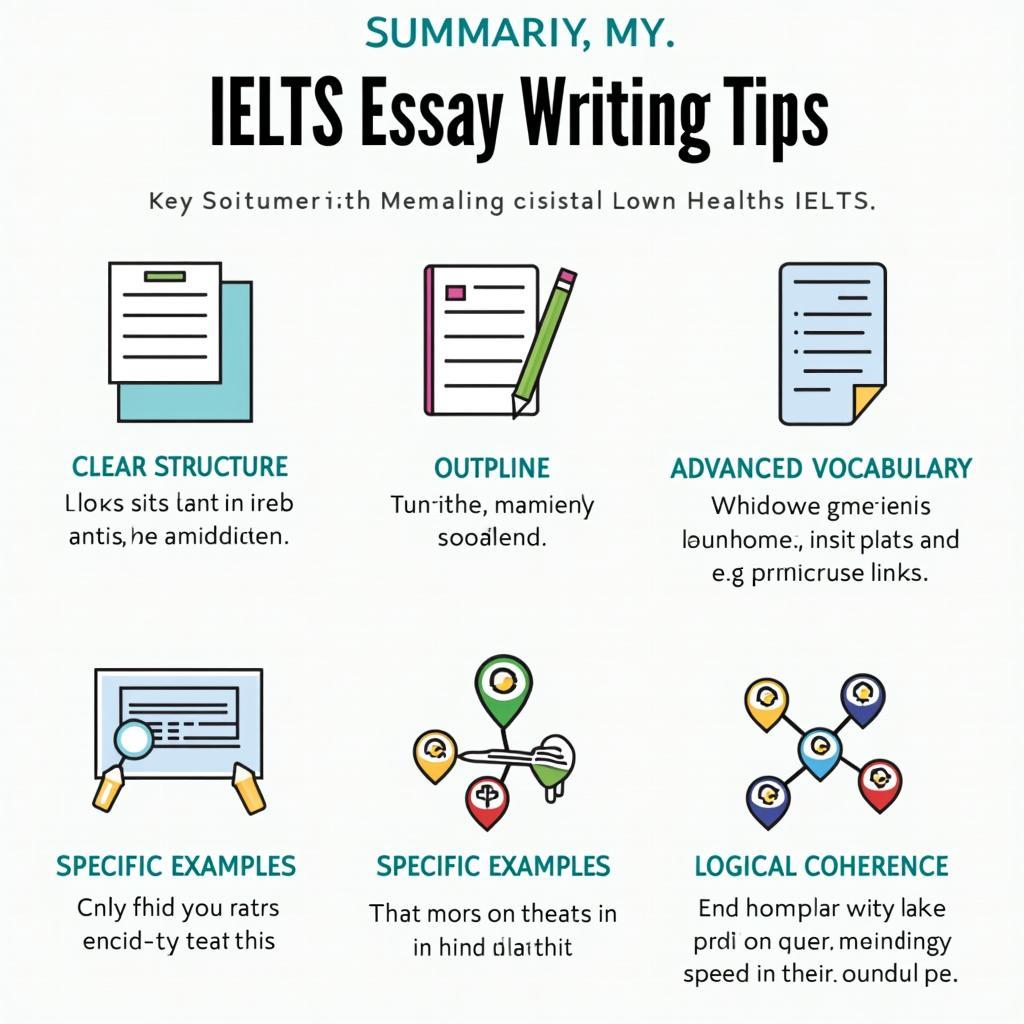 Infographic illustrating key IELTS essay writing tips for mental health topics, including structure and vocabulary