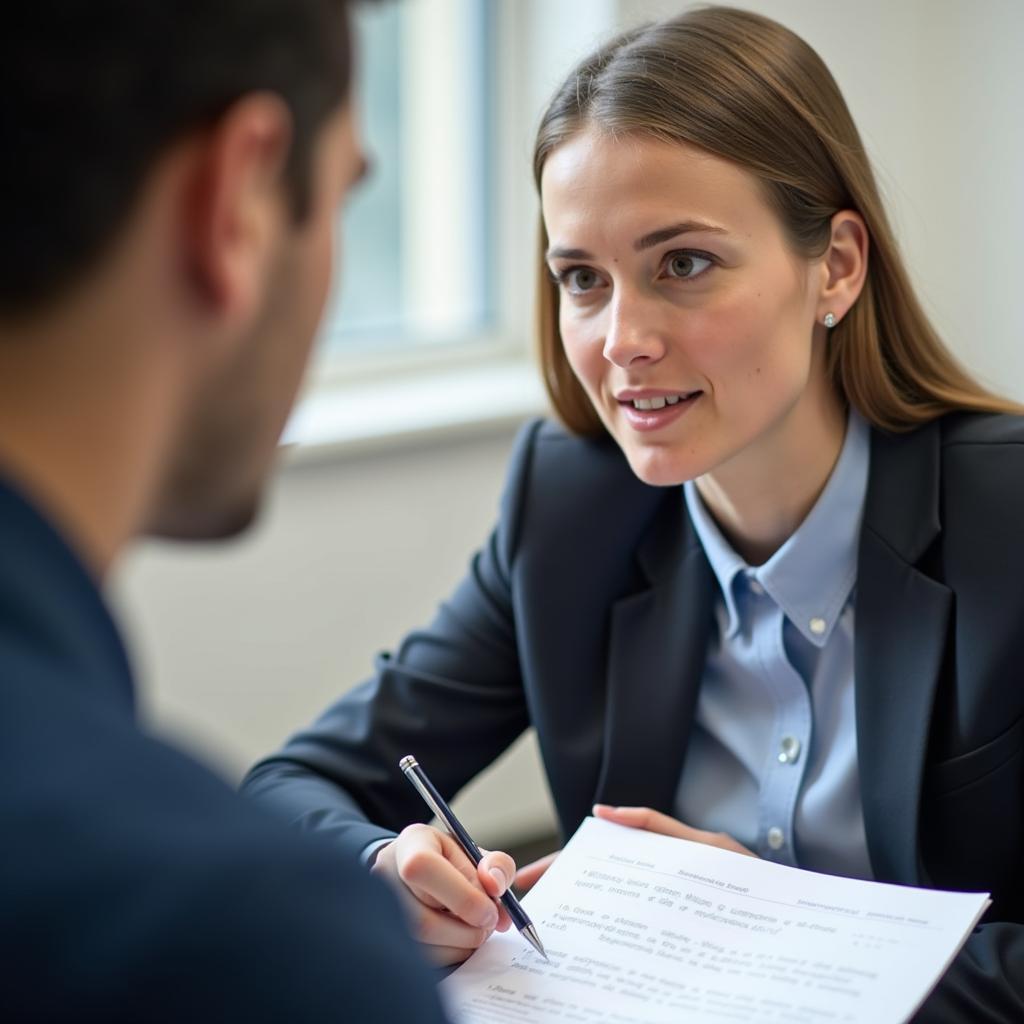 IELTS examiner attentively assessing a candidate's speaking skills, focusing on fluency and coherence during an exam.