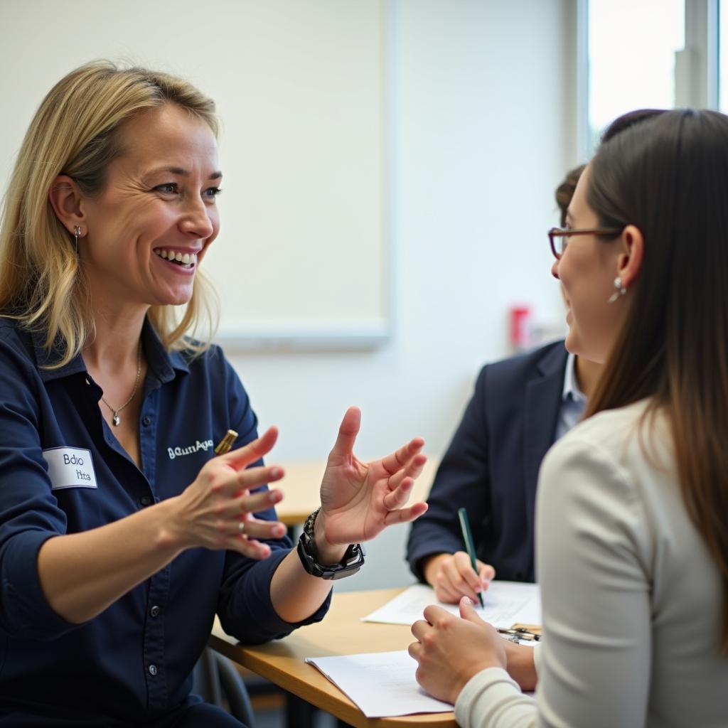 An IELTS examiner providing encouraging and constructive feedback to a student after a mock speaking test session.