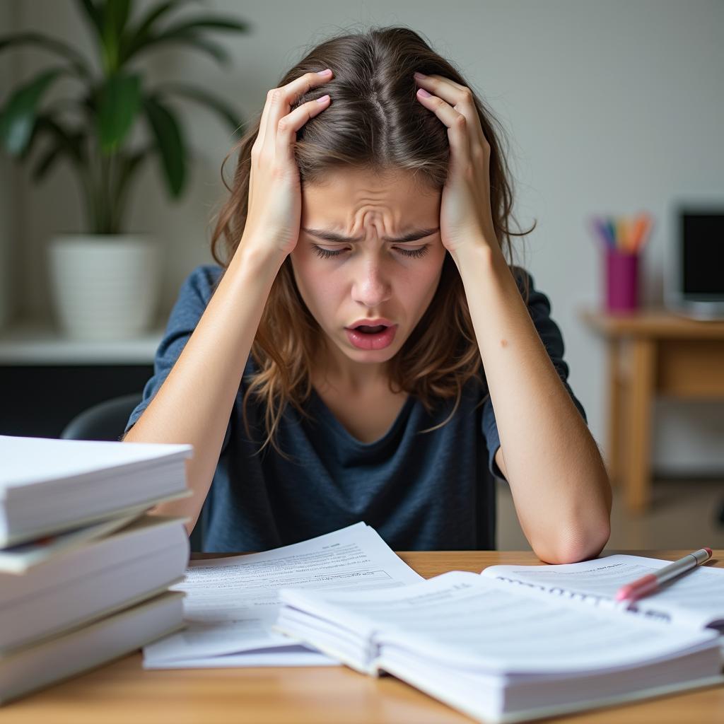 Student experiencing intense nervousness and anxiety while preparing for a crucial IELTS exam with books.