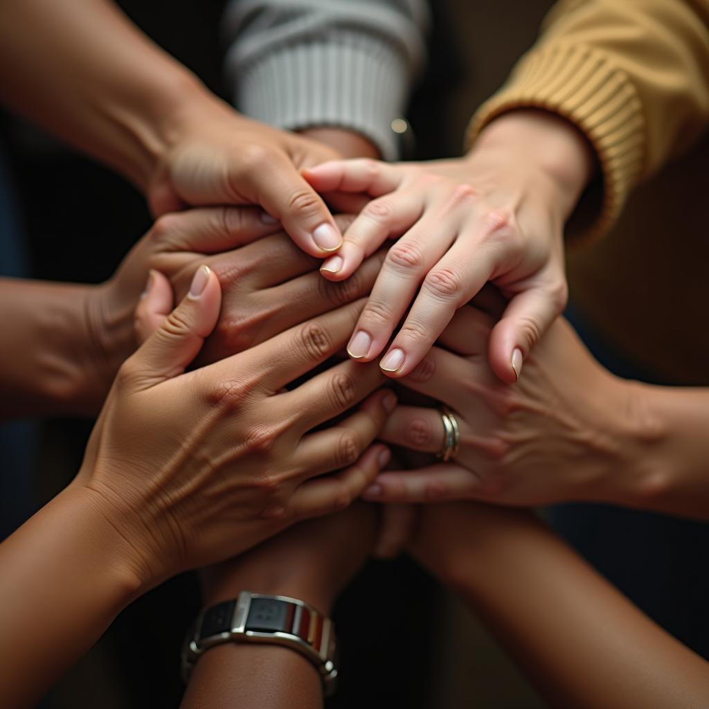 Diverse hands clasped, symbolizing strong support network of family and friends, crucial for overcoming challenges.