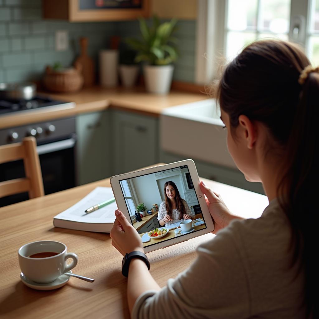 Student confidently using tablet to watch English cooking show for IELTS speaking practice on food topics