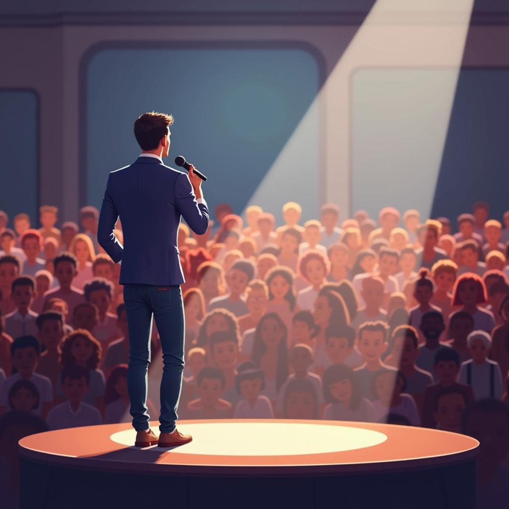 Nervous person on stage feeling public speaking anxiety during IELTS cue card scenario presentation.