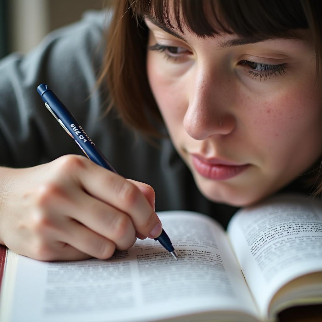 Student focused on IELTS Reading test, underlining text to avoid common mistakes and improve interpretation skills.