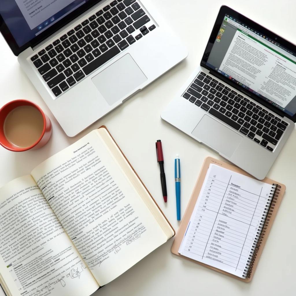 Organized desk with books, laptop, notes for diligent IELTS Reading exam preparation and study.