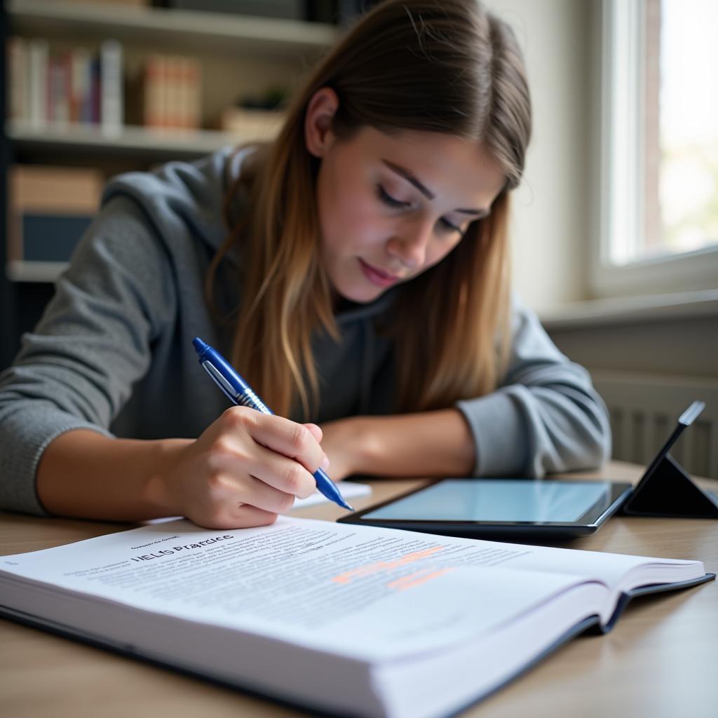Student preparing for IELTS Reading using study tips, highlighting keywords and practicing exam questions effectively.